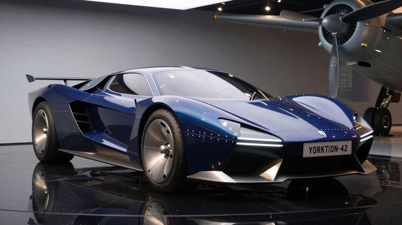 Carro desportivo azul metálico com design futurista exposto em piso refletor, com avião antigo ao fundo.