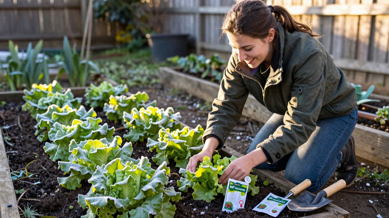 Pessoa a cuidar de alfaces num pequeno jardim em canteiros elevados ao ar livre.