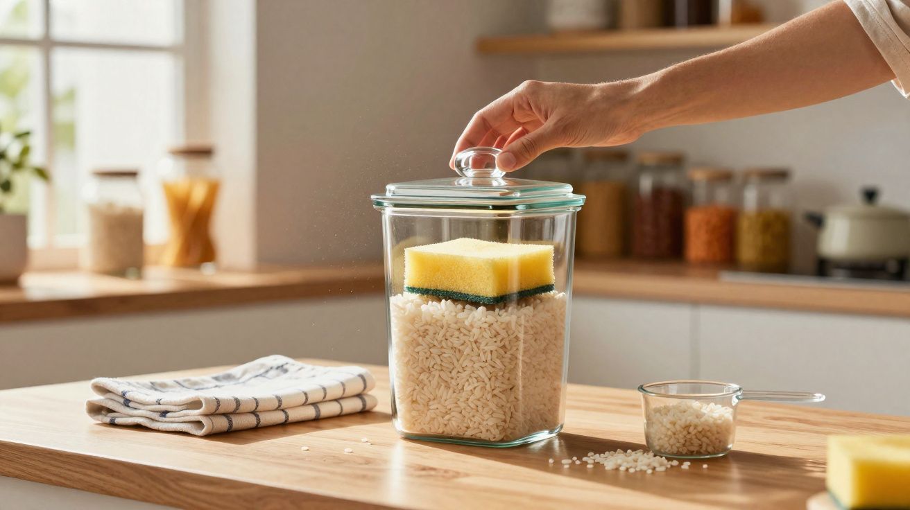 Mão a fechar frasco de vidro com arroz e uma esponja dentro numa cozinha iluminada.