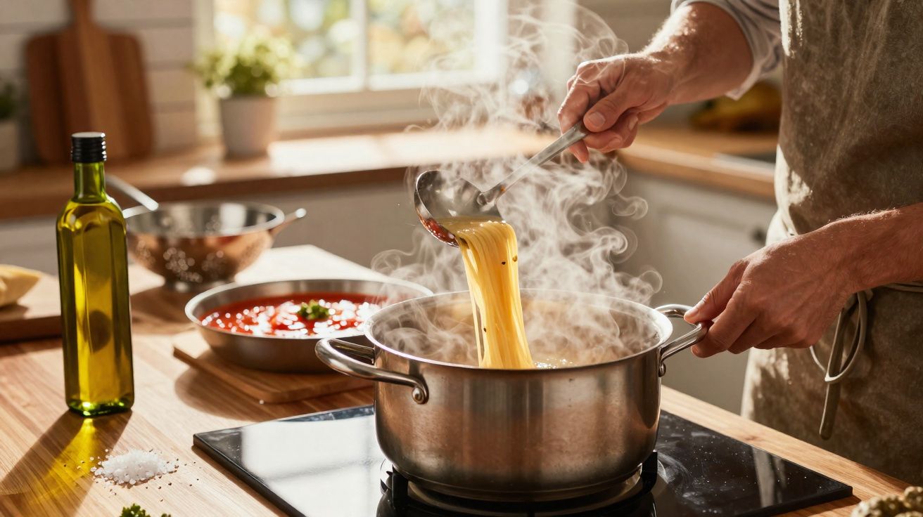 Pessoa a cozer massa numa panela com vapor numa cozinha iluminada, com molho de tomate e azeite à parte.