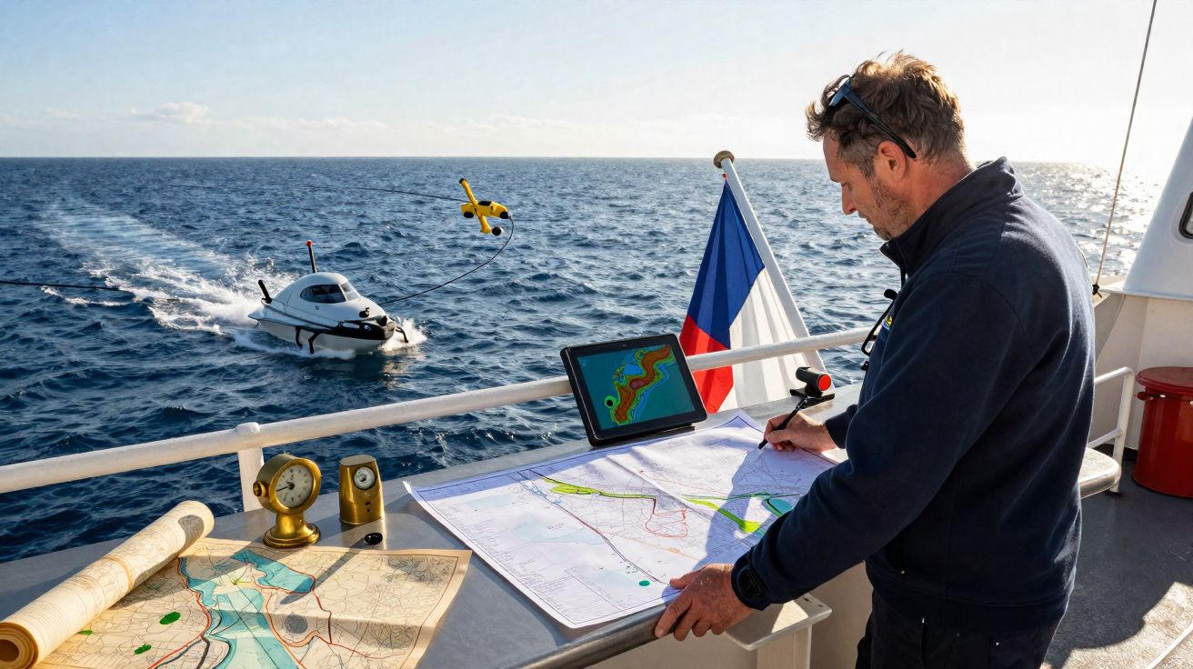 Homem a analisar mapas náuticos num barco enquanto um submersível remoto navega no mar.