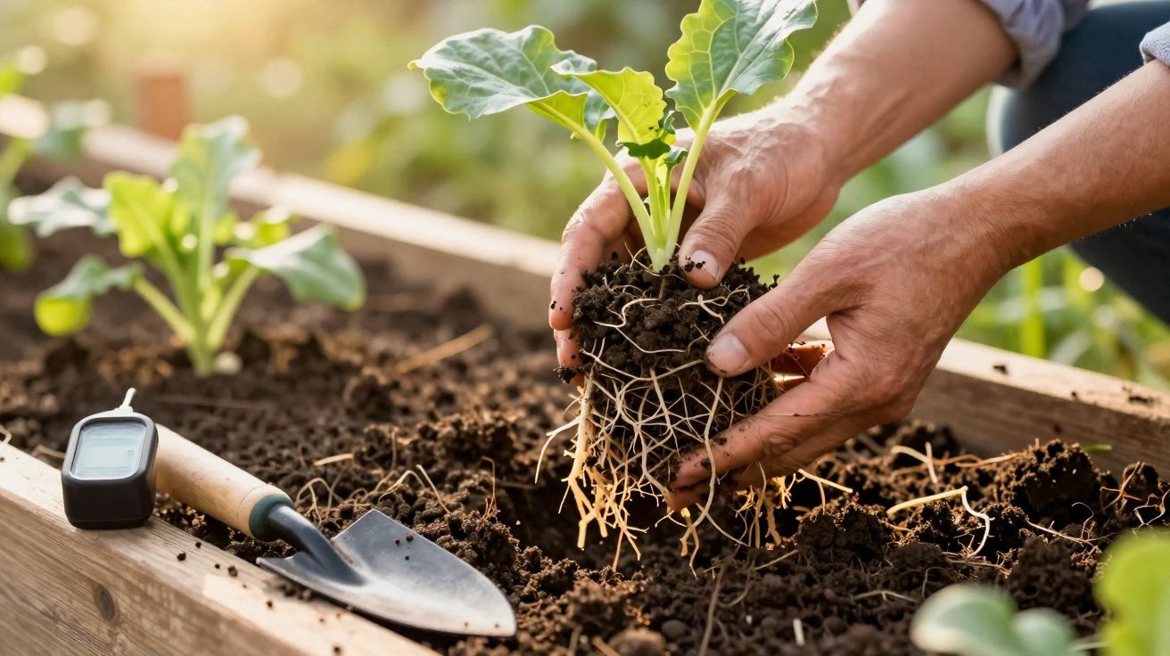 Mãos a plantar muda com raízes num canteiro de madeira, junto a uma enxada pequena e um medidor digital.