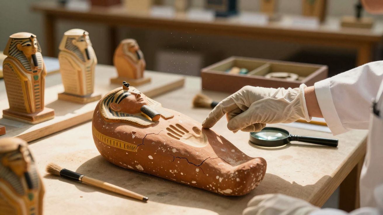 Mãos protegidas a examinar cerâmica de sarcófago egípcio com pincel e lupa numa mesa de restauro.