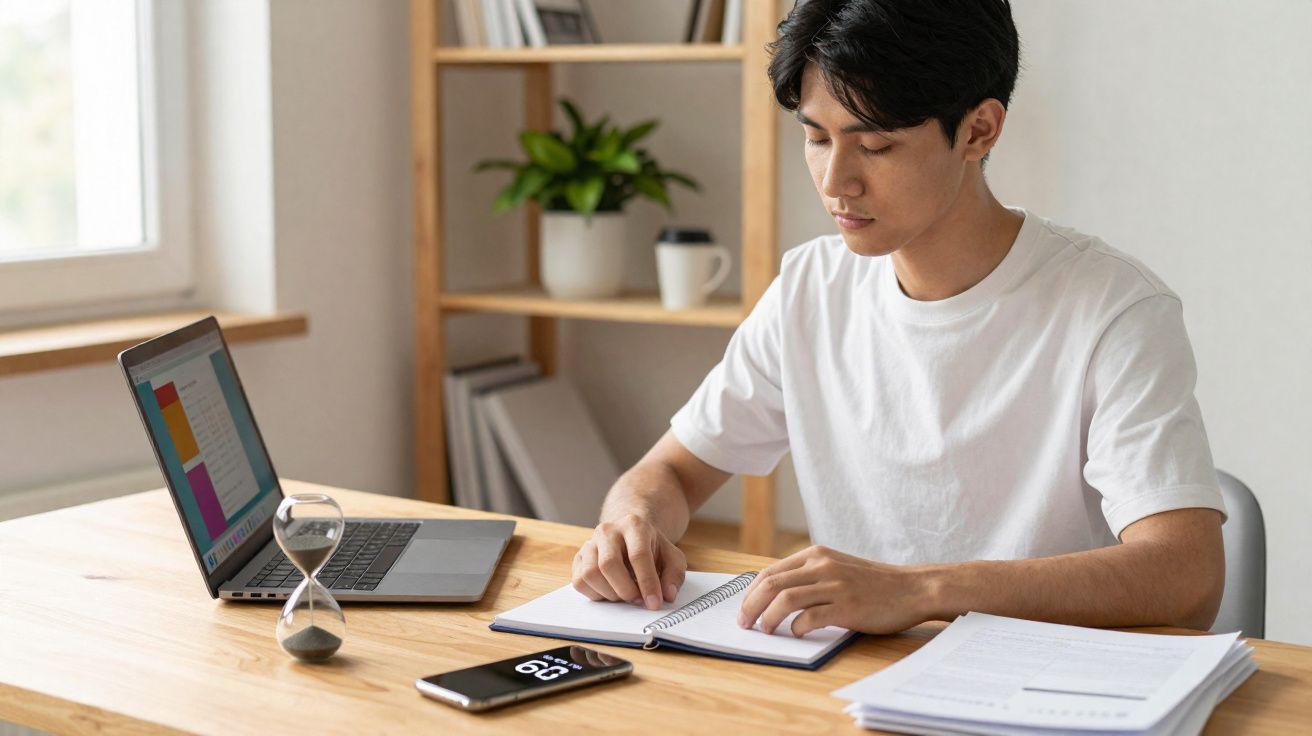 Homem jovem a estudar com caderno, computador portátil e smartphone numa mesa organizada em casa.