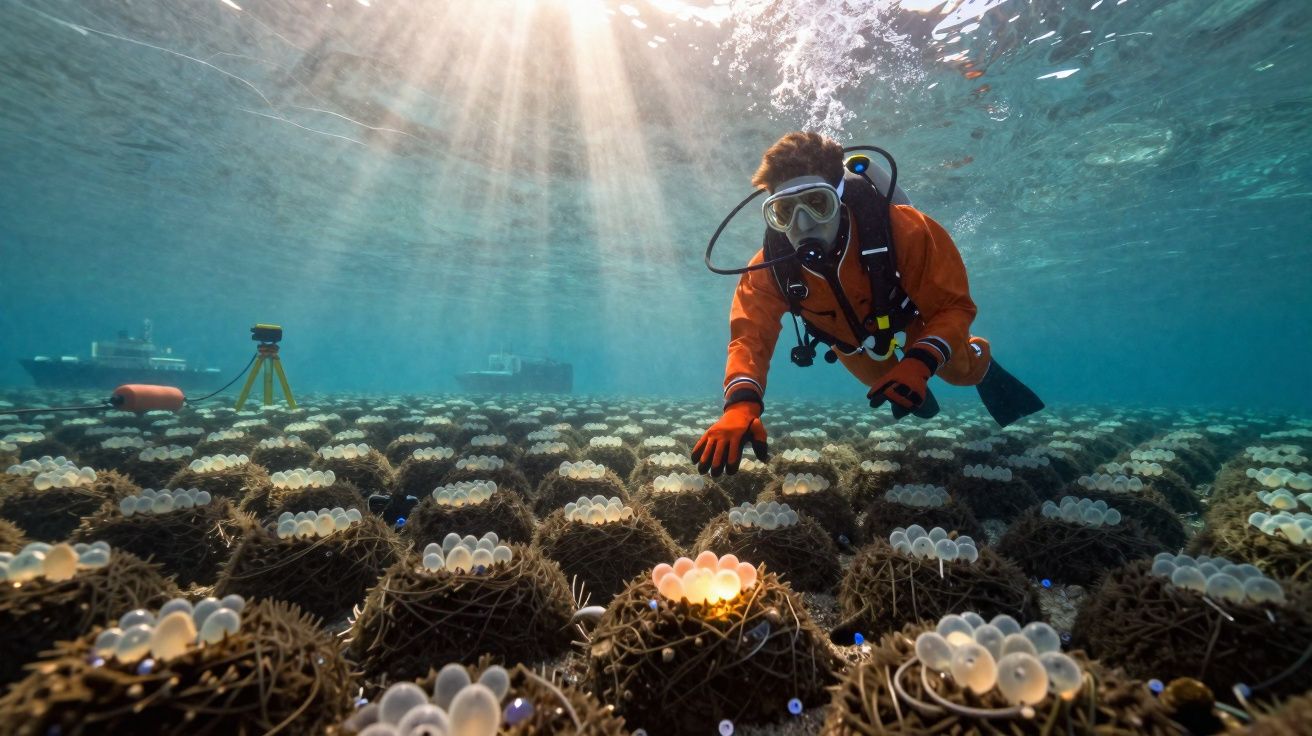 Mergulhador a inspecionar corais cultivados em rede debaixo de água iluminada por raios solares.