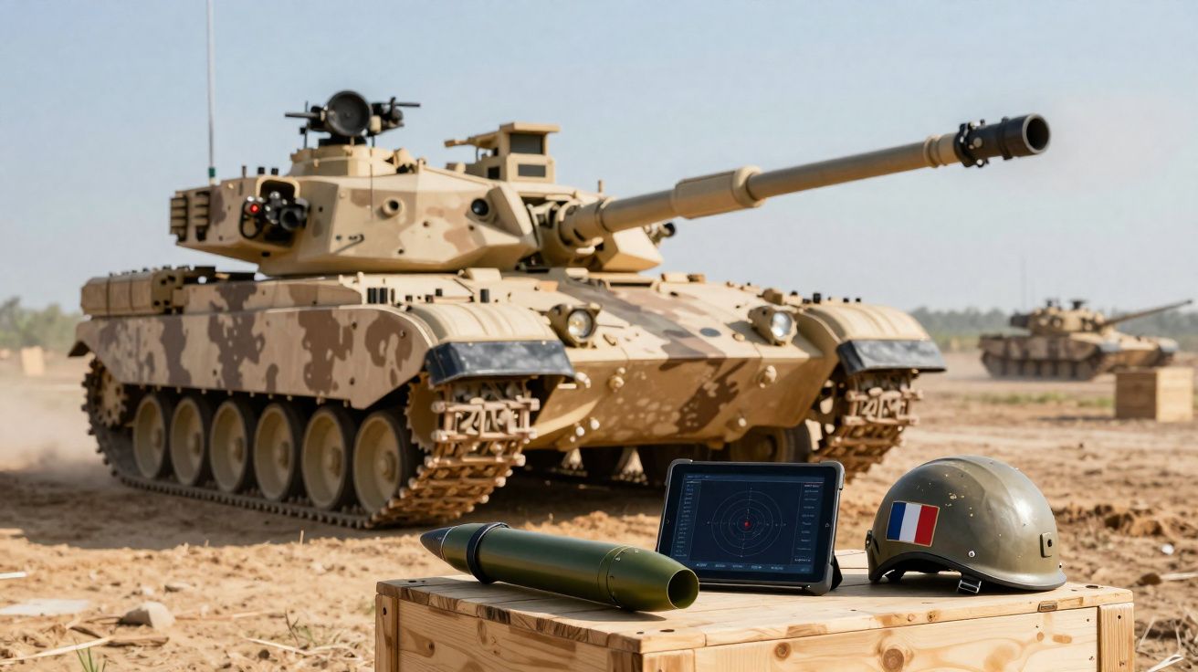 Tanque militar camuflado deserto, com cápsula de munição, capacete francês e monitor num caixote de madeira.