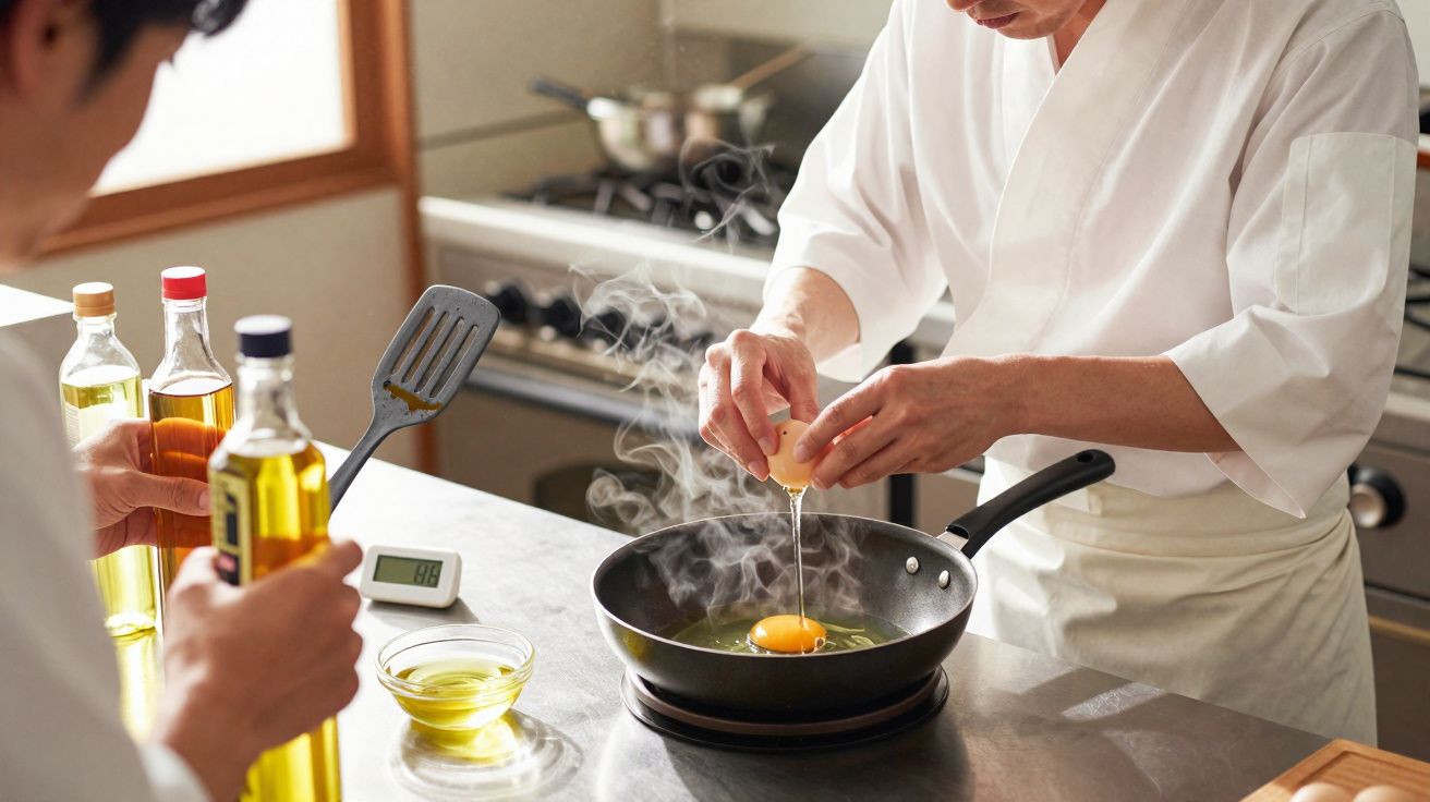 Pessoa a partir um ovo numa frigideira quente numa cozinha profissional.