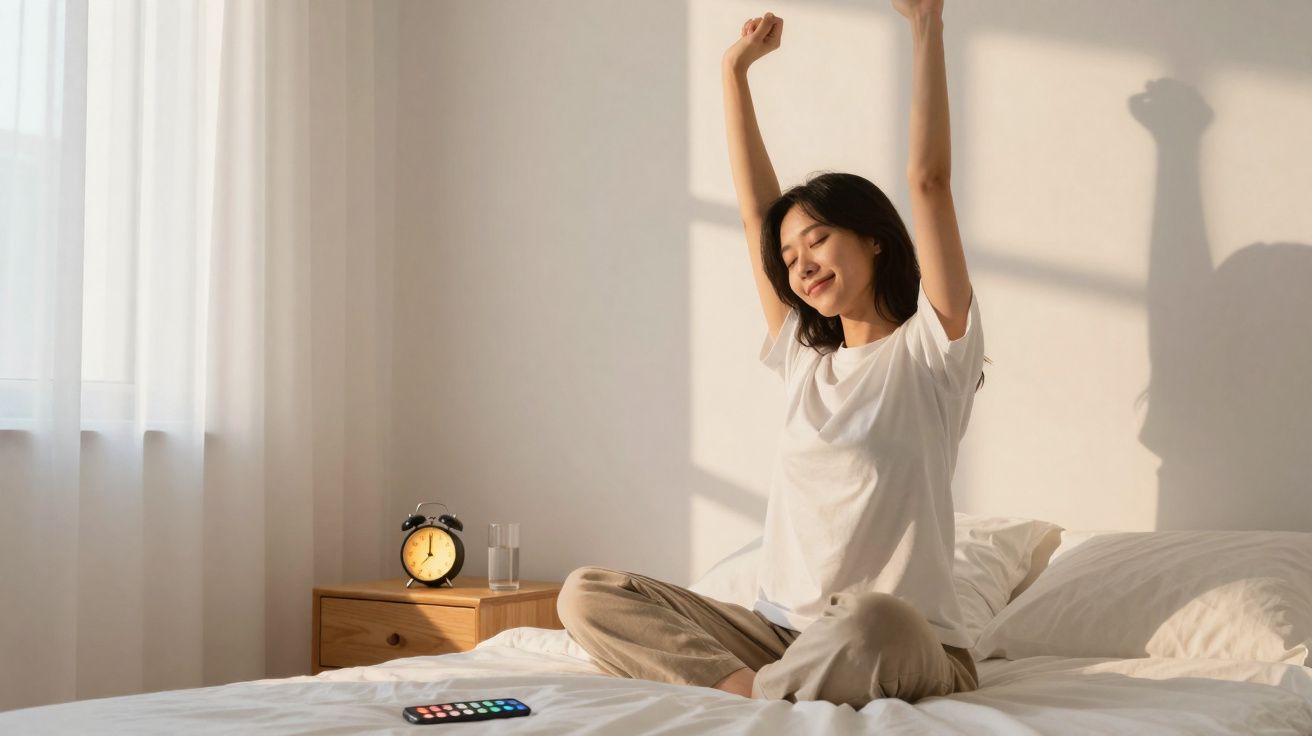 Mulher sentada na cama a espreguiçar-se, com alarme, copo de água e comando na mesa de cabeceira.
