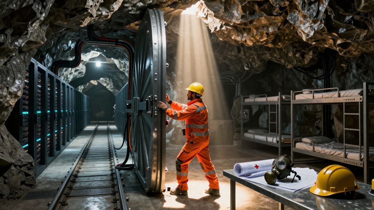 Trabalhador com capacete amarelo abre uma porta blindada numa caverna subterrânea iluminada por feixe de luz.