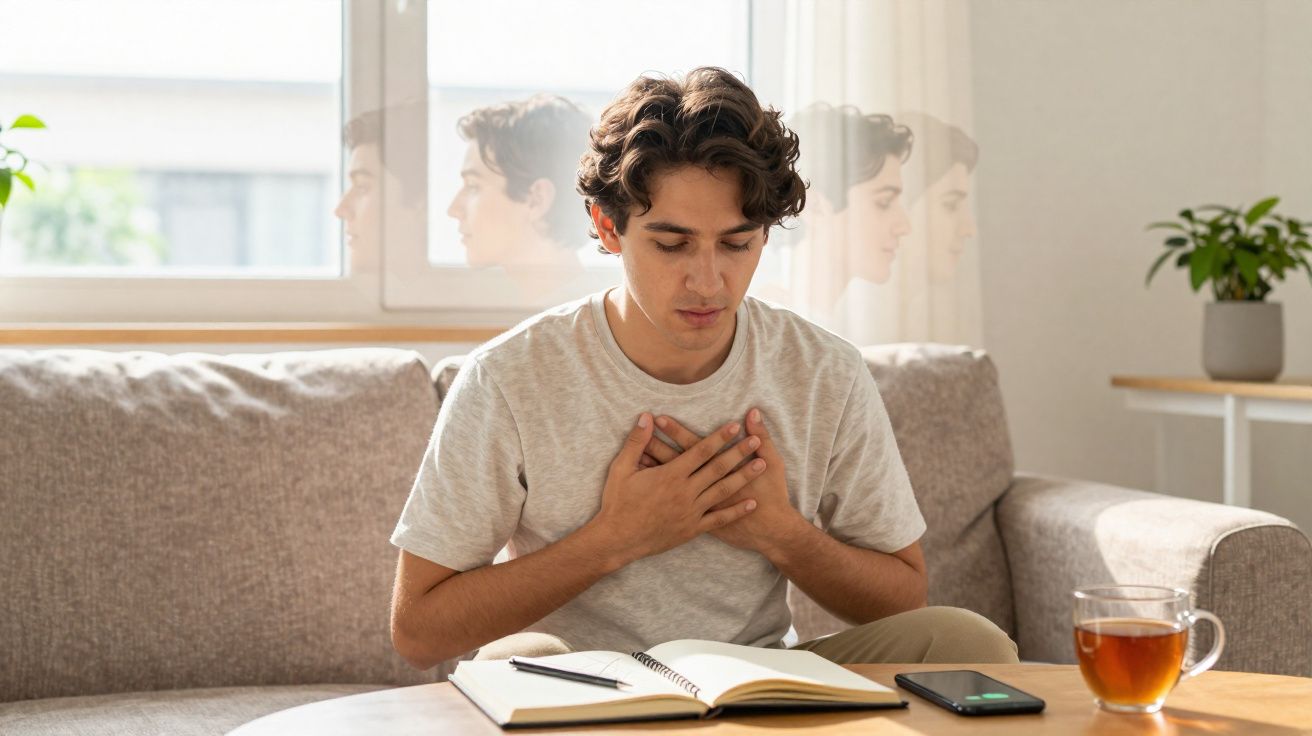 Jovem sentado no sofá com mãos no peito, lendo um livro aberto numa mesa com chá e telemóvel.