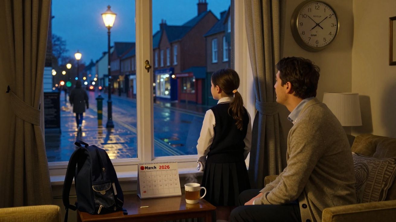 Criança e homem observam rua à noite pela janela, com mochila, calendário de março e relógio marcando 19:10.