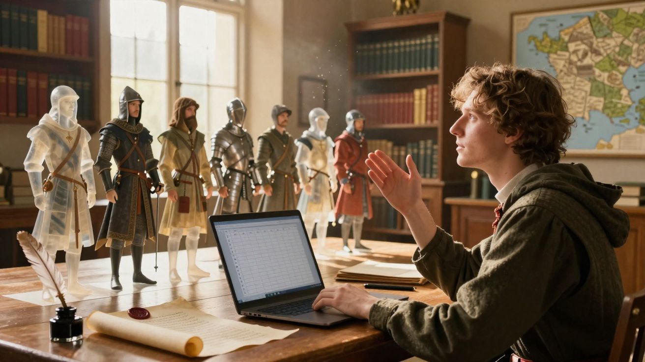 Jovem sentado a usar computador portátil com miniaturas de cavaleiros medievais sobre a mesa numa biblioteca.