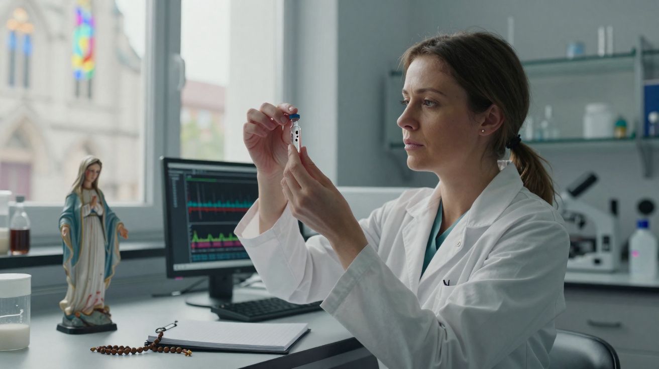 Cientista com bata branca analisa amostra em laboratório com imagem religiosa e computador ao fundo.
