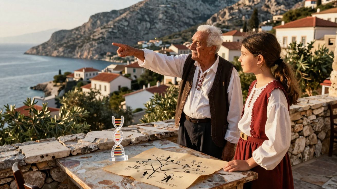 Homem idoso e menina em roupas tradicionais junto a mesa com árvore genealógica e figura de DNA na vila costeira.