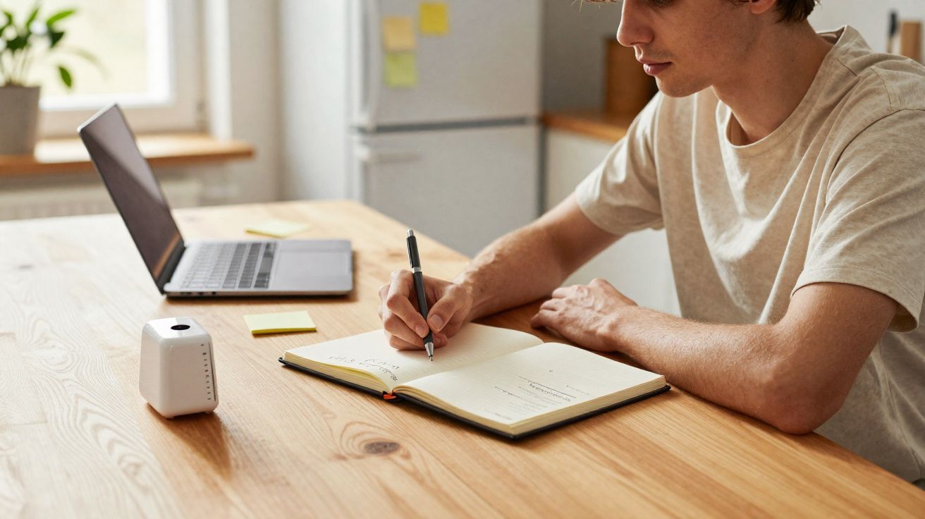 Jovem a escrever num caderno à mesa com computador portátil e dispositivo eletrónico num espaço iluminado.