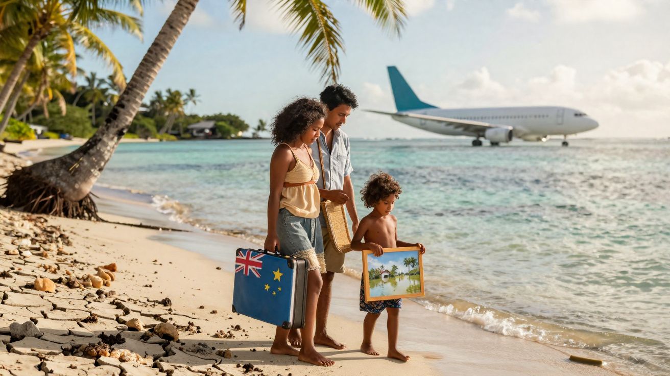 Família com malas na praia observando um avião a voar próximo à costa sob um céu parcialmente nublado.