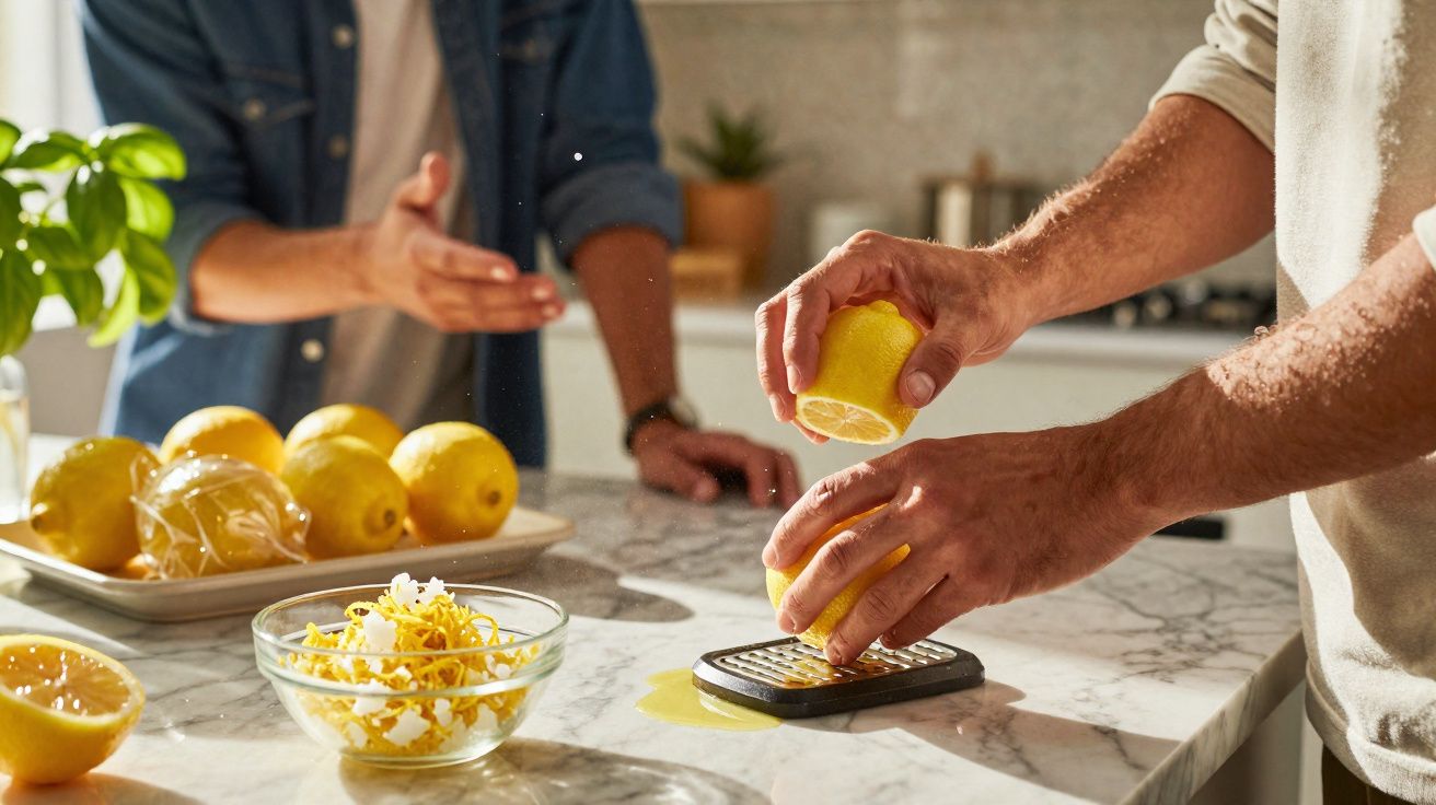 Pessoa a espremer e ralar limão numa bancada de cozinha com outro a conversar ao fundo.