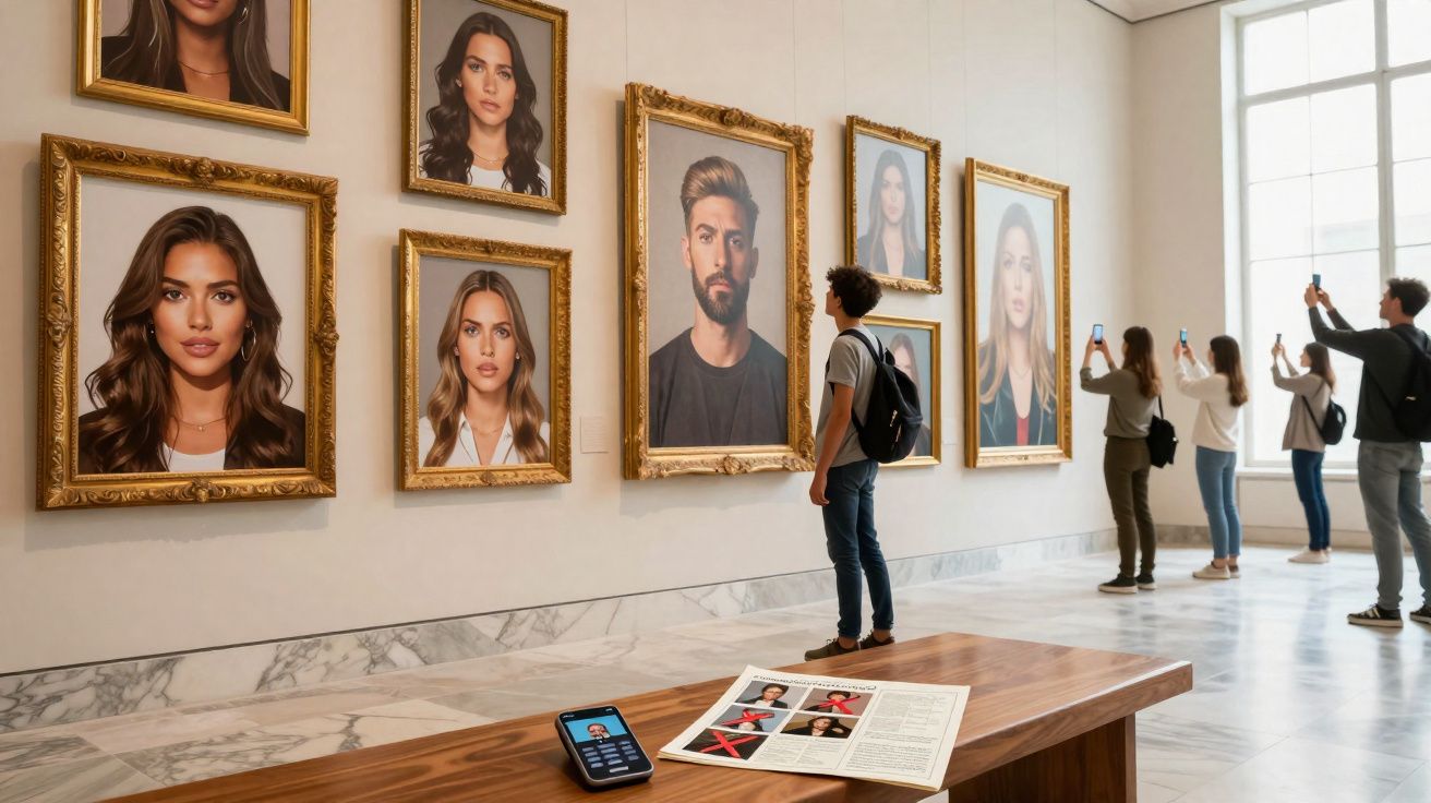 Visitantes numa galeria de arte observam retratos realistas e tiram fotos com telemóveis.