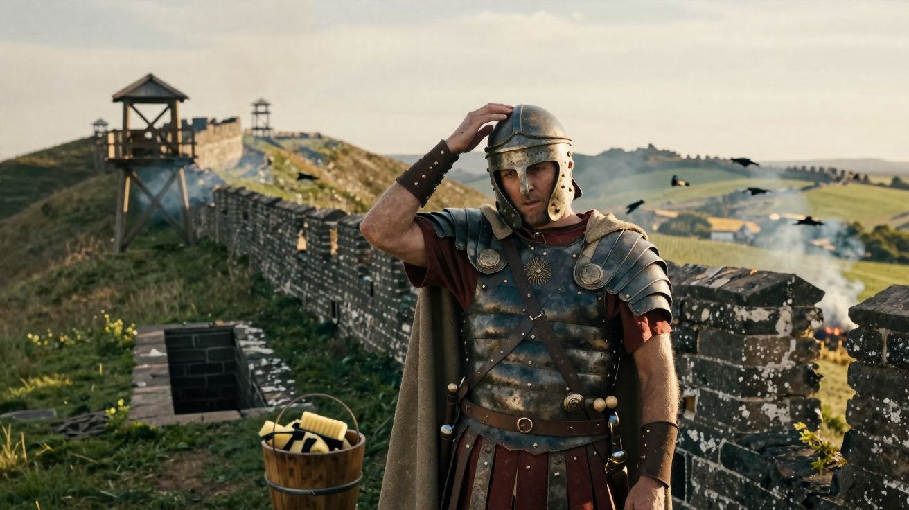 Soldado romano com armadura completa e capacete, junto a muralha e torre de vigia num cenário rural.