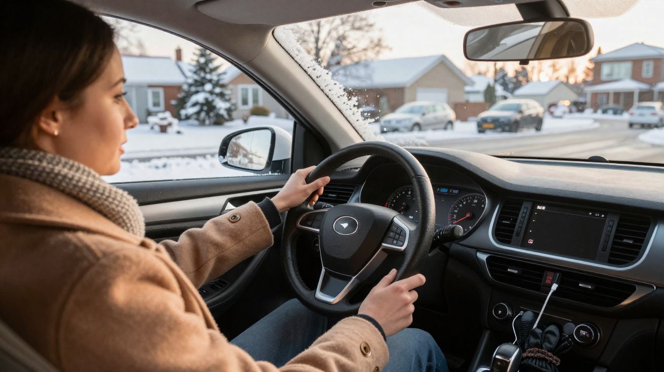 Mulher com casaco castanho a conduzir carro em ambiente urbano com casas e neve visível pela janela.