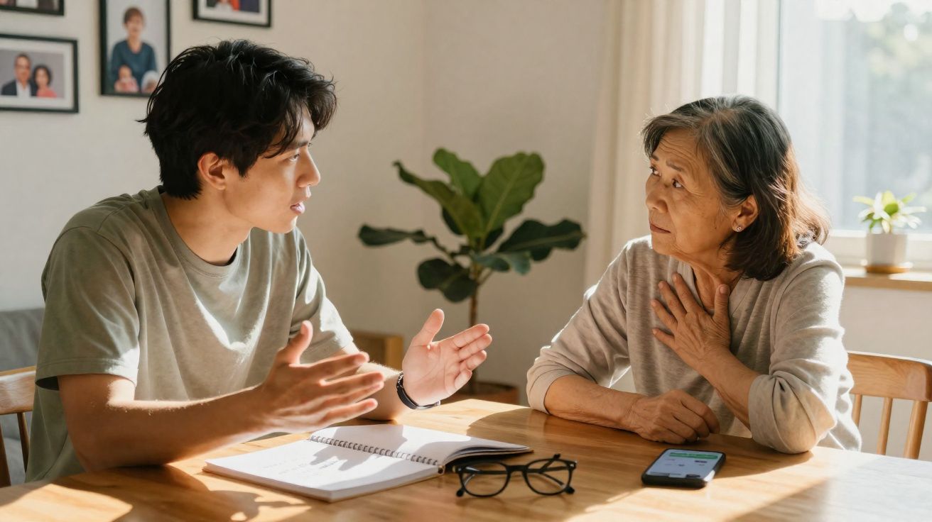 Jovem e mulher idosa conversam sentados à mesa com cadernos e telemóvel, em ambiente iluminado e acolhedor.