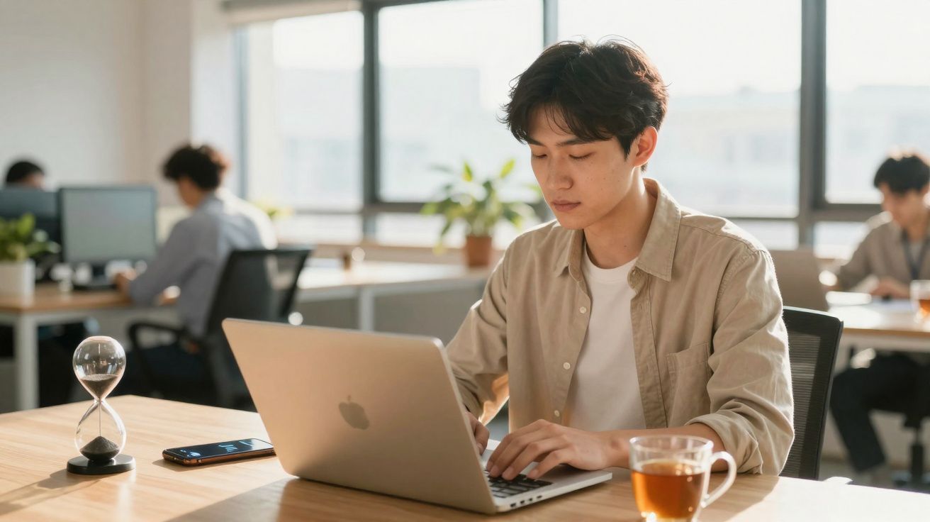 Jovem a trabalhar num computador portátil numa sala de escritório com colegas ao fundo e chá na mesa.