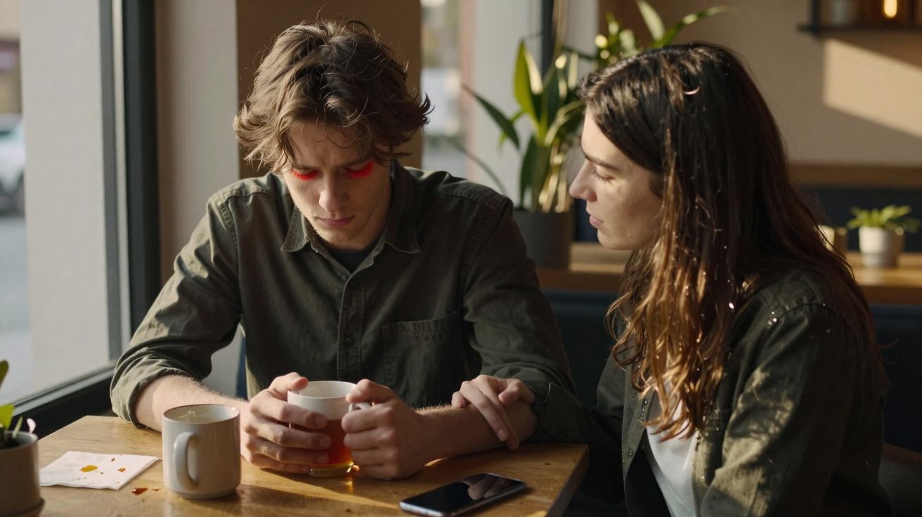 Homem triste a segurar uma chávena, mulher ao lado confortando-o com a mão no braço numa cafetaria.