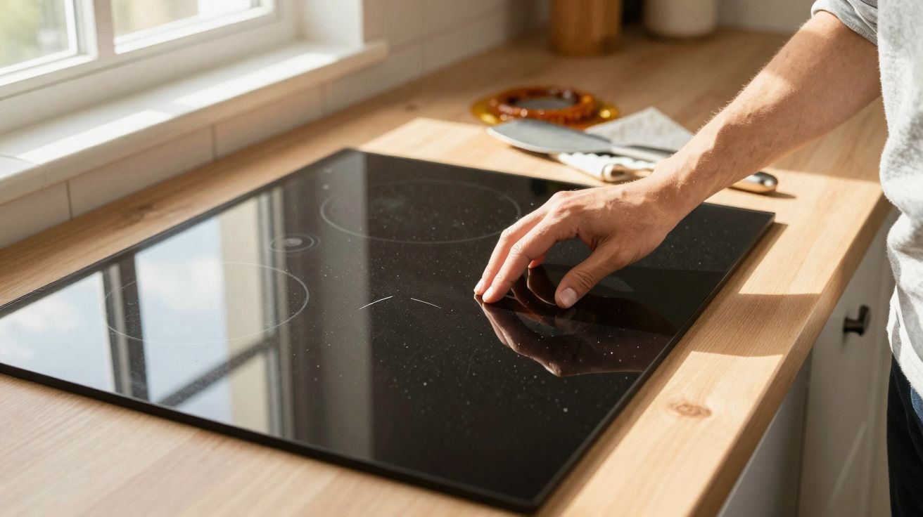 Pessoa a limpar placa vitrocerâmica preta numa cozinha com bancada de madeira clara.