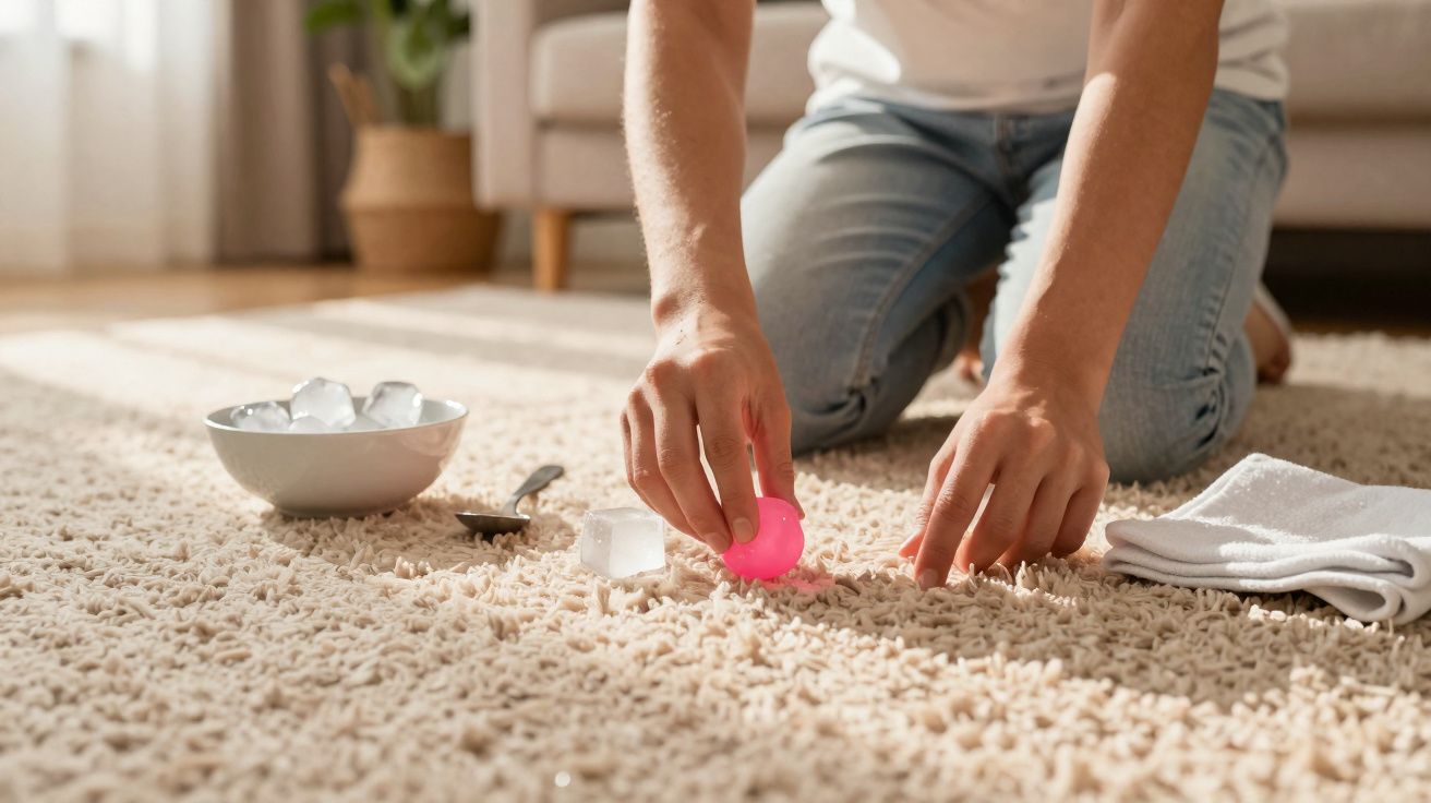 Pessoa a remover nódoa com gelo e bola de plástico num tapete claro num ambiente doméstico.