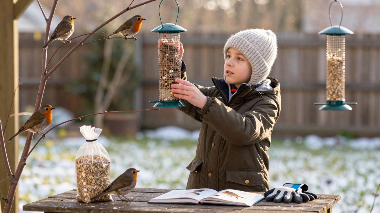 Criança com gorro cinza alimenta pardais em comedouros pendurados num jardim de inverno.