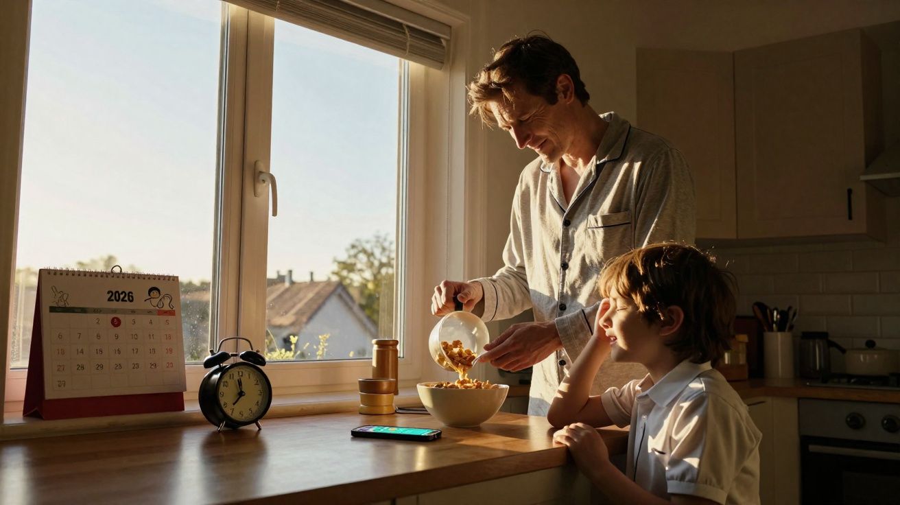Pai a servir pequeno-almoço ao filho numa cozinha iluminada pela luz natural da manhã.