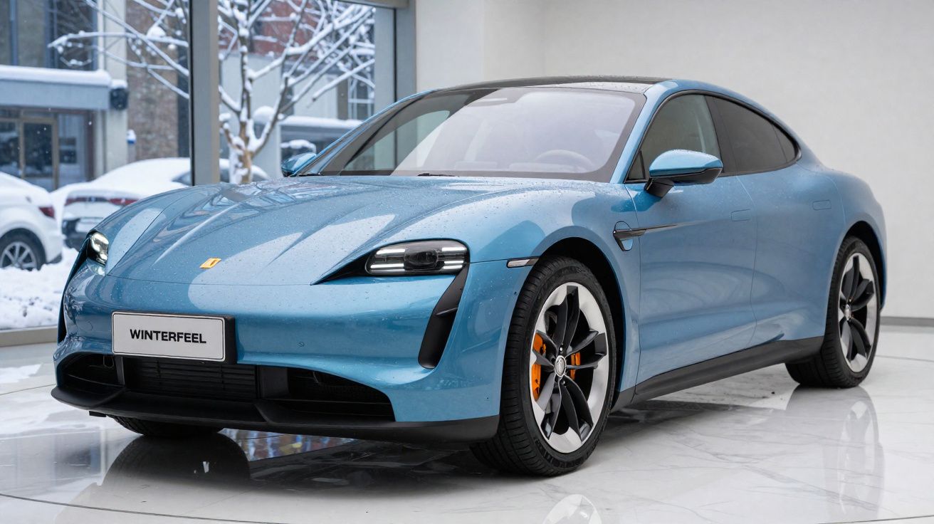 Carro desportivo elétrico azul exibido numa sala com chão branco e janelas grandes, ambiente de neve.