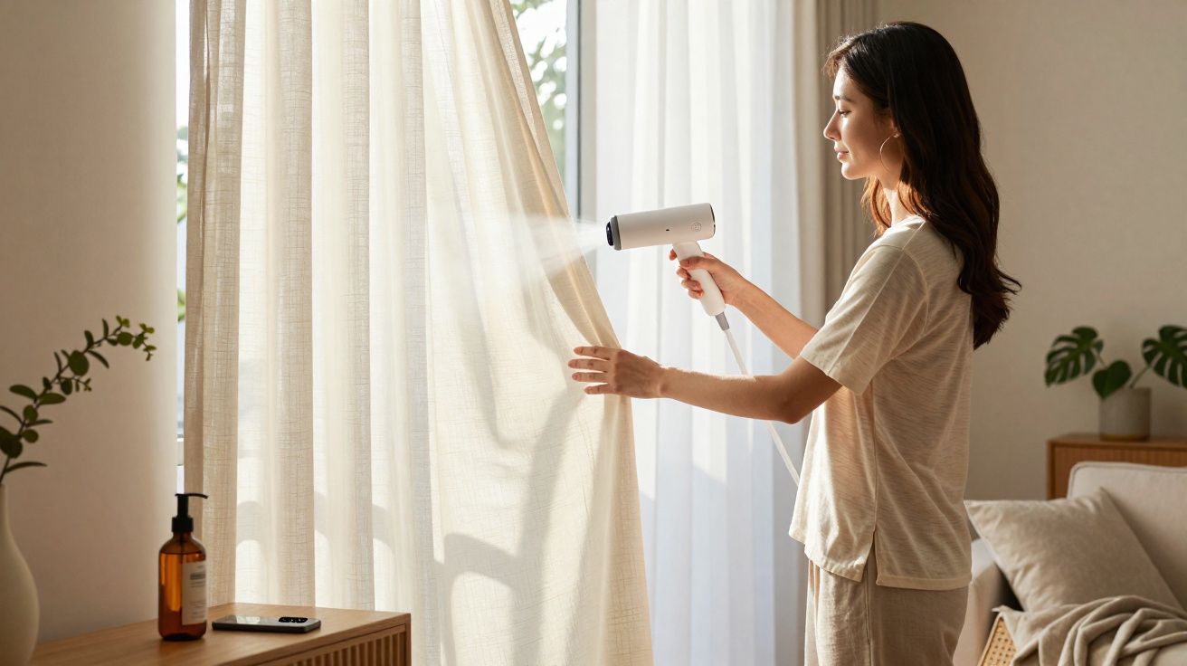 Mulher a vaporizar uma cortina branca num ambiente interior iluminado pela luz natural.