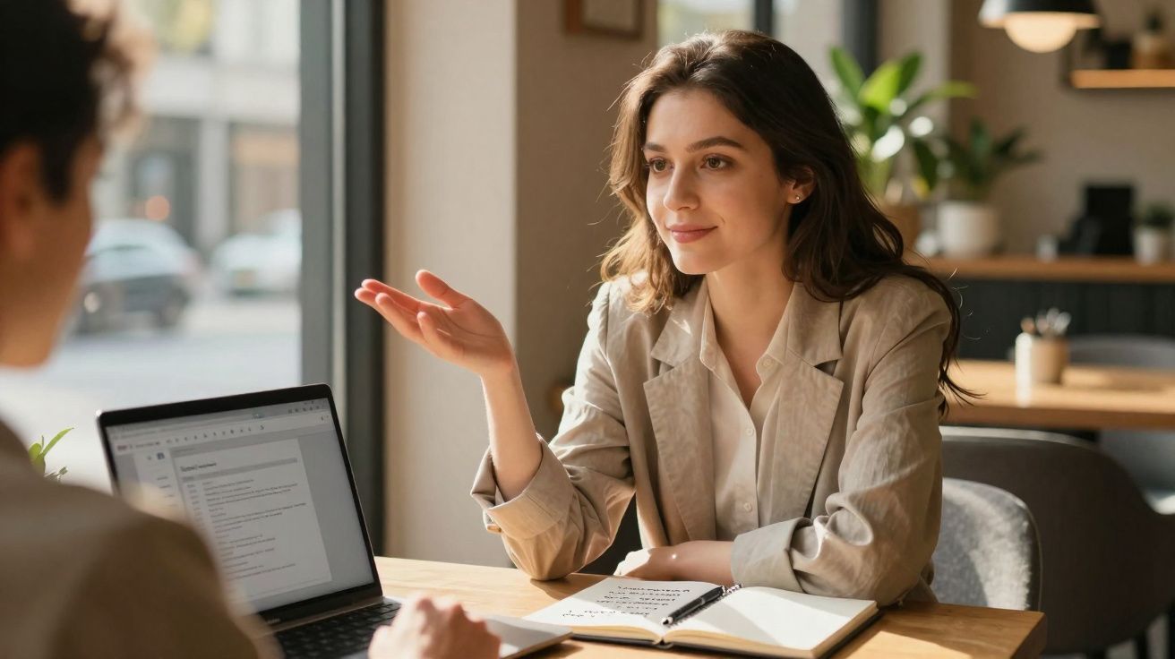 Mulher a discutir com colega em reunião num escritório, com laptop e caderno aberto na mesa.