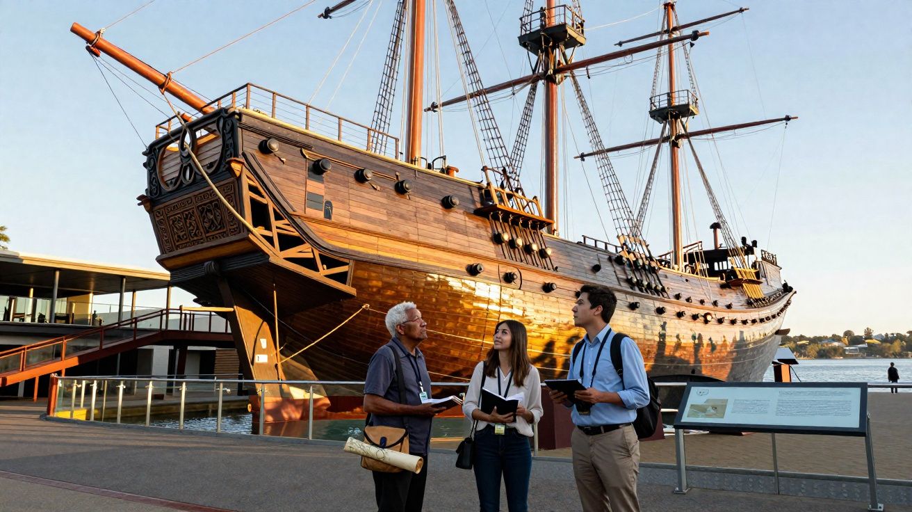 Três pessoas à frente de um grande navio de madeira antigo exposto num museu ao ar livre ao pôr do sol.