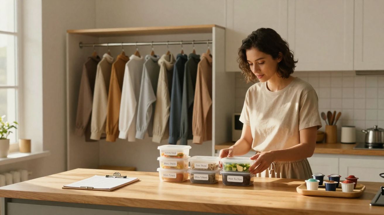 Mulher organiza refeições em recipientes de plástico numa cozinha moderna com roupa pendurada ao fundo.