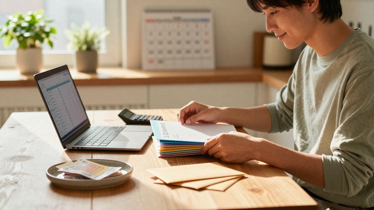 Pessoa jovem a organizar documentos numa secretária com computador portátil e calculadora num ambiente luminoso.