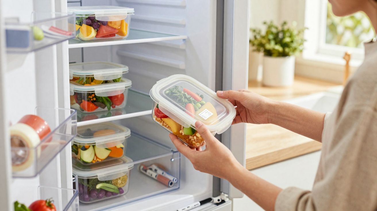 Pessoa a colocar caixa plástica com legumes frescos numa prateleira de frigorífico doméstico aberto.