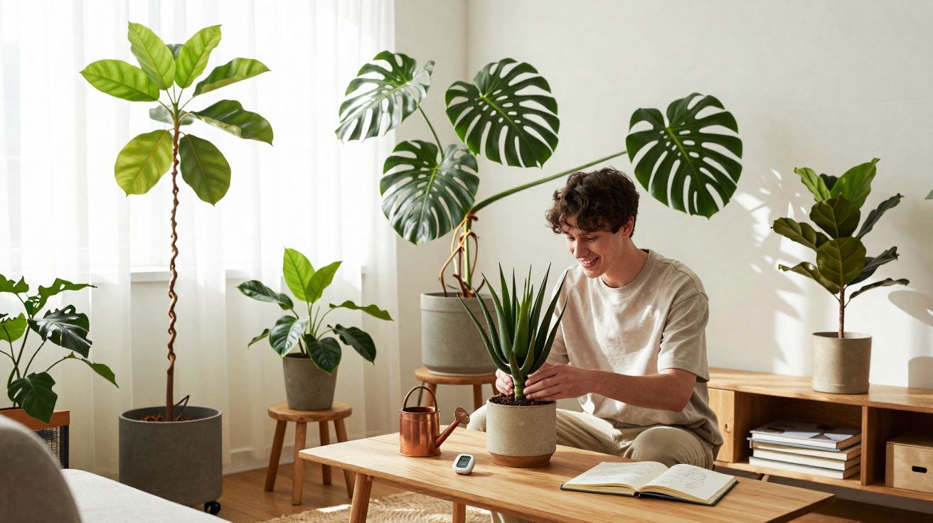 Rapaz a cuidar de planta suculenta em vaso numa sala iluminada com várias plantas e móveis em madeira clara.