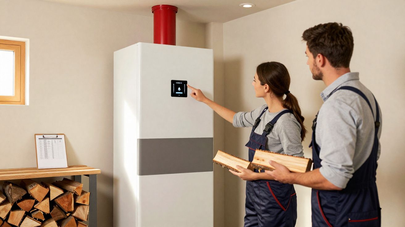 Casal de técnicos ajusta a caldeira enquanto segura troncos de madeira num interior.