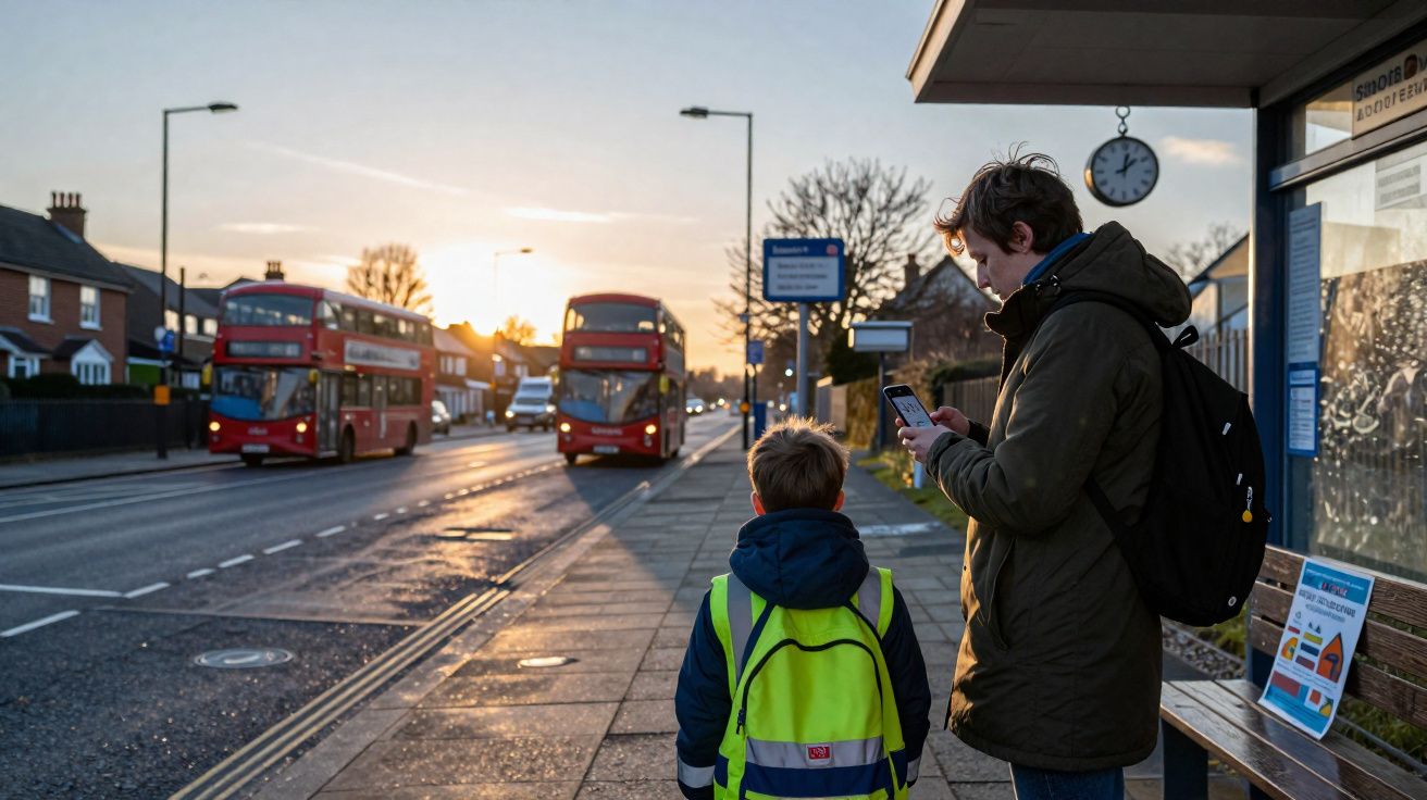 Criança com mochila amarela e adulto à espera de autocarro ao pôr do sol numa paragem.