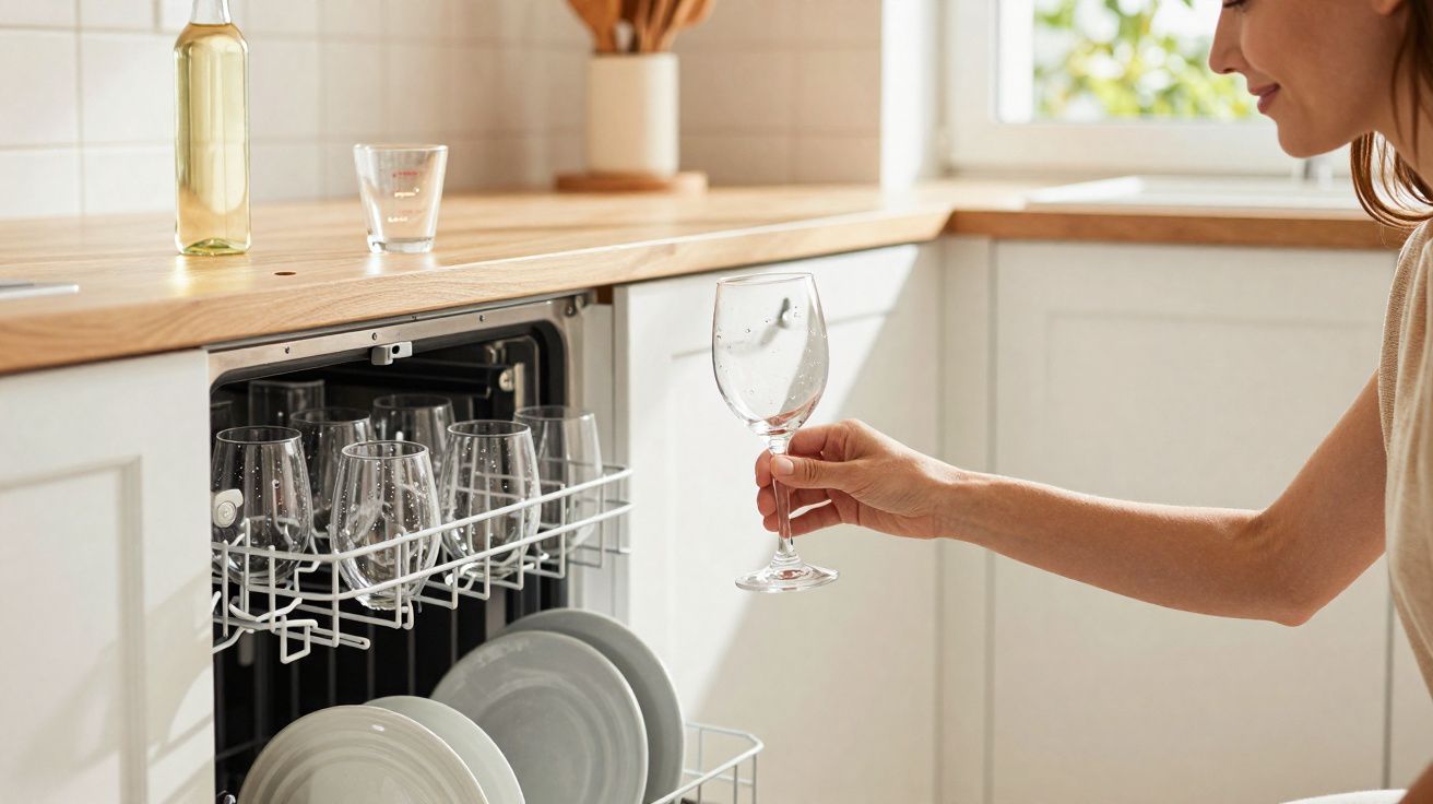 Pessoa a retirar uma taça limpa de vidro de uma máquina de lavar loiça numa cozinha luminosa.