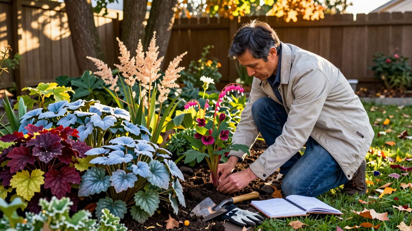 Homem a plantar flores num jardim em dia soalheiro de outono com caderno e ferramentas no chão.