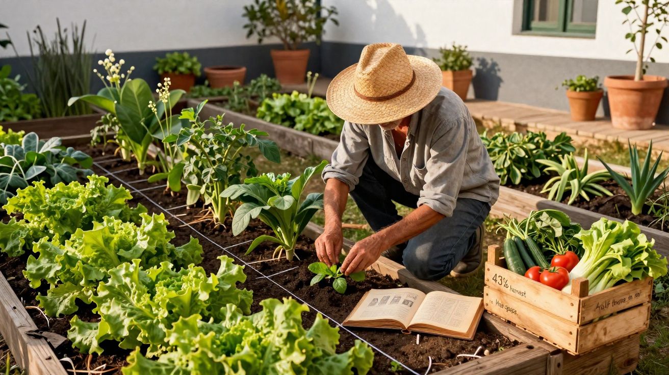 Homem com chapéu a cuidar de plantas numa horta com legumes frescos e livro aberto ao lado.