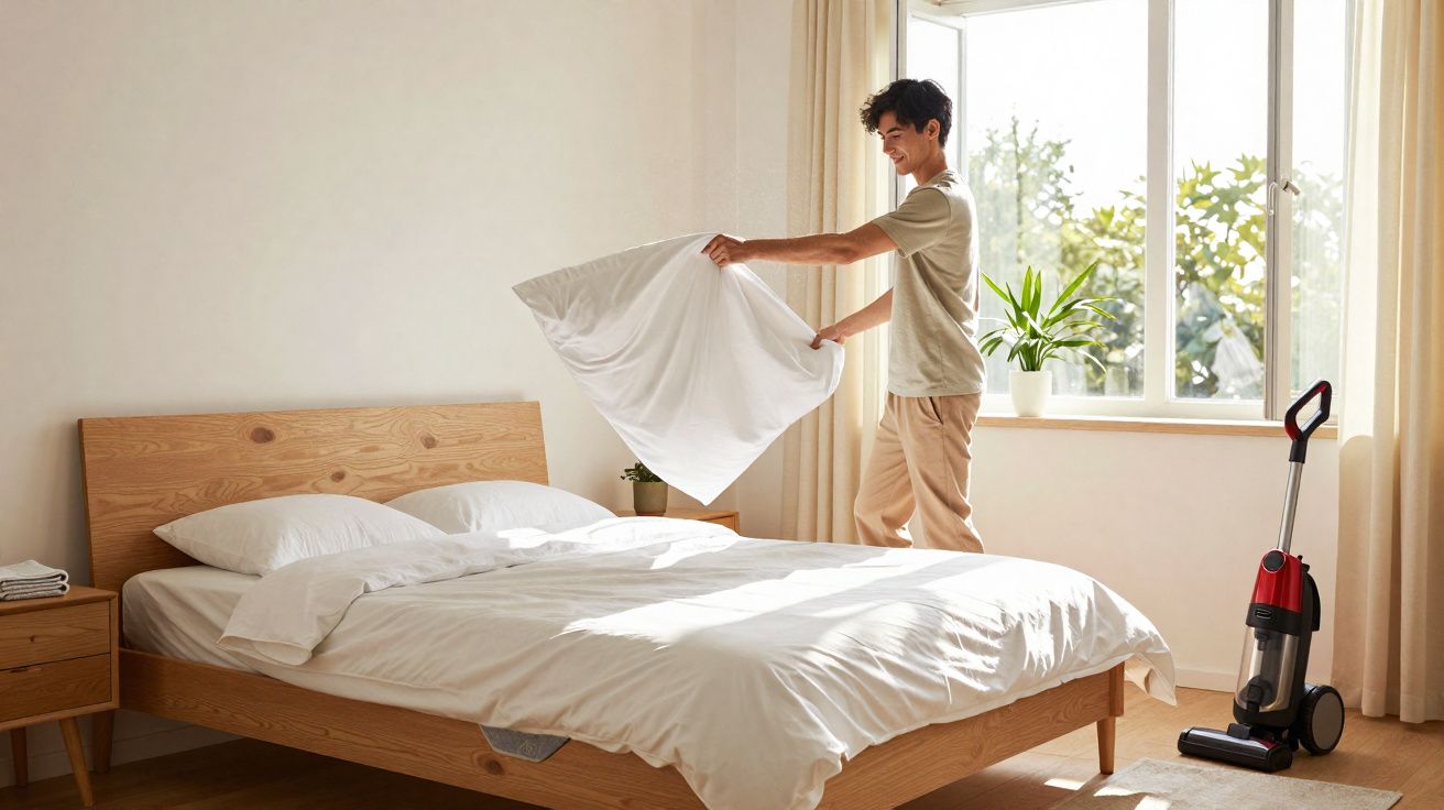 Pessoa a arrumar a cama num quarto luminoso com janela grande e aspirador vermelho no chão.