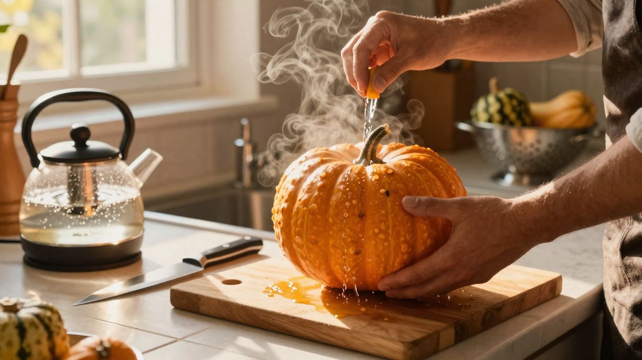 Pessoa a espetar uma abóbora laranja a fumegar numa tábua de madeira na cozinha.