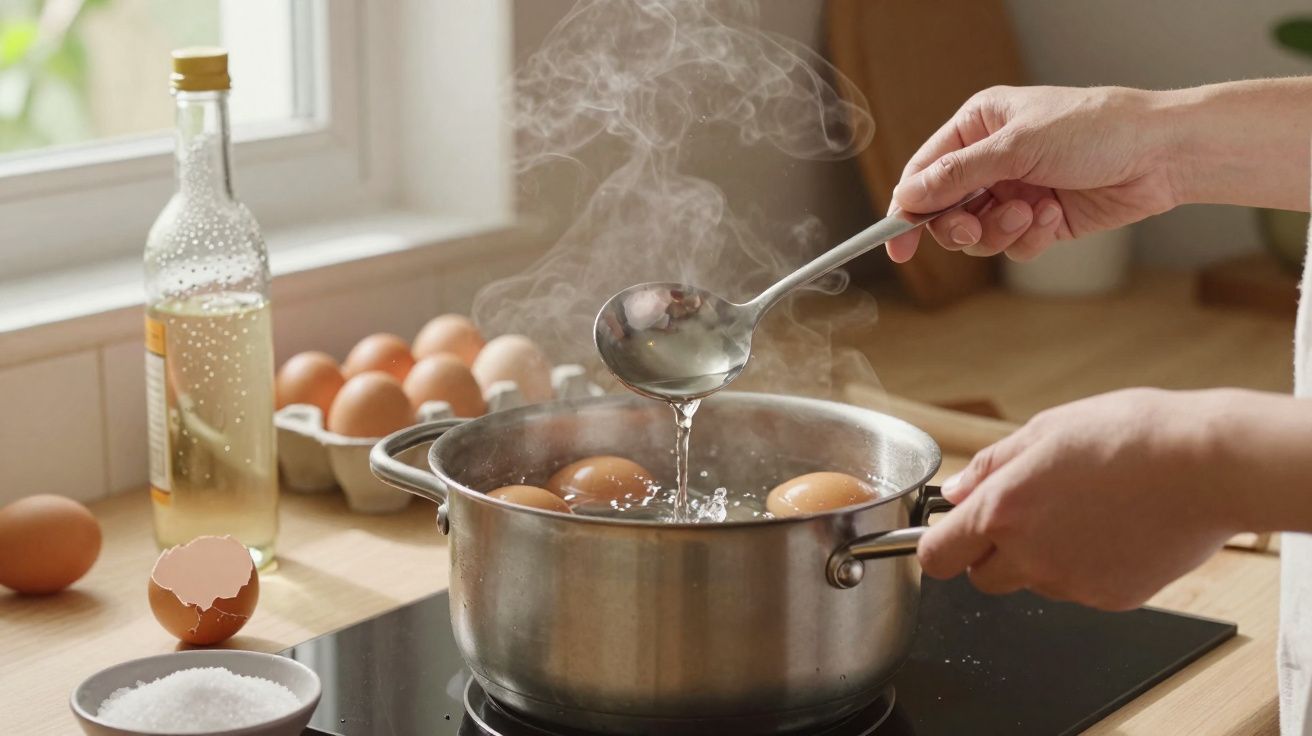 Mãos a cozer ovos num tacho com vapor a subir, numa cozinha com ingredientes à volta.