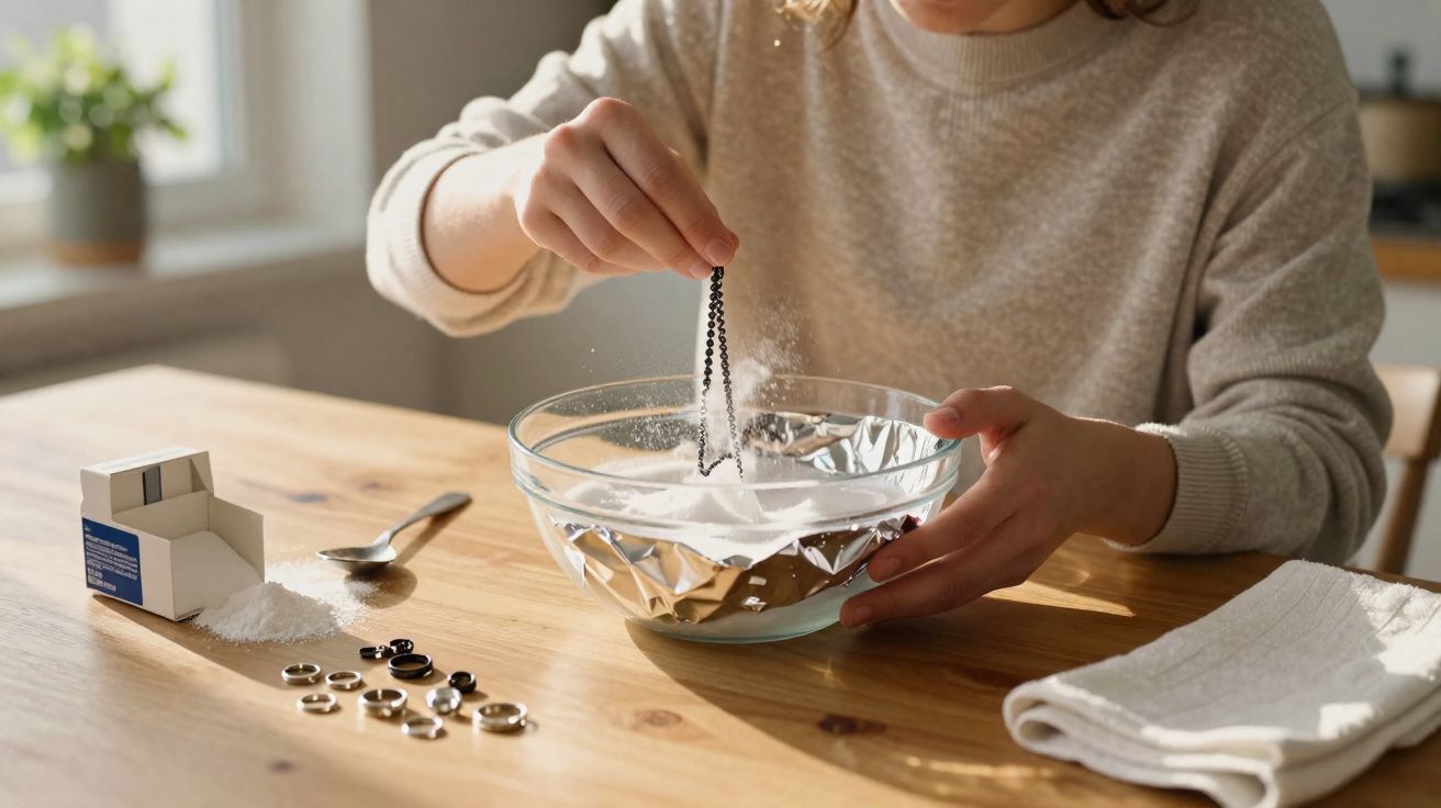Pessoa a limpar ou desengordurar peças metálicas pequenas numa taça com pó branco numa mesa de madeira.