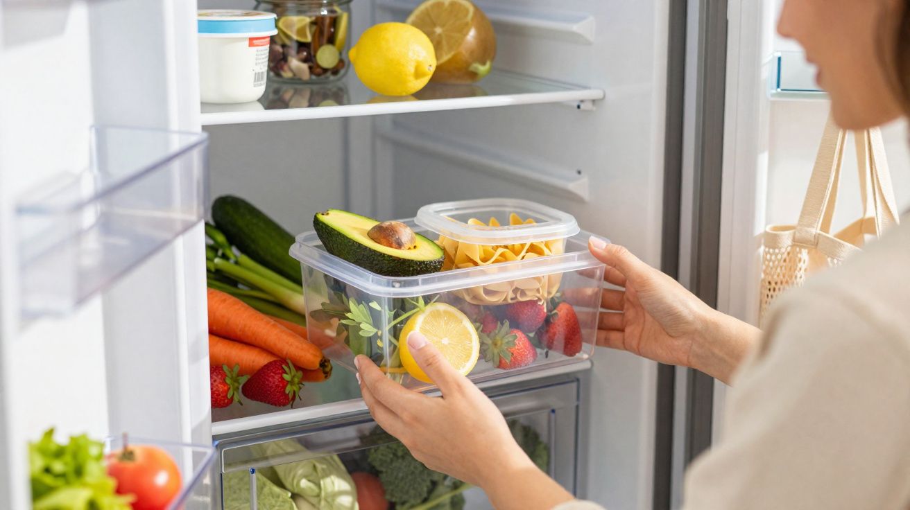 Pessoa a colocar recipiente com frutas e legumes frescos na porta do frigorífico aberto.