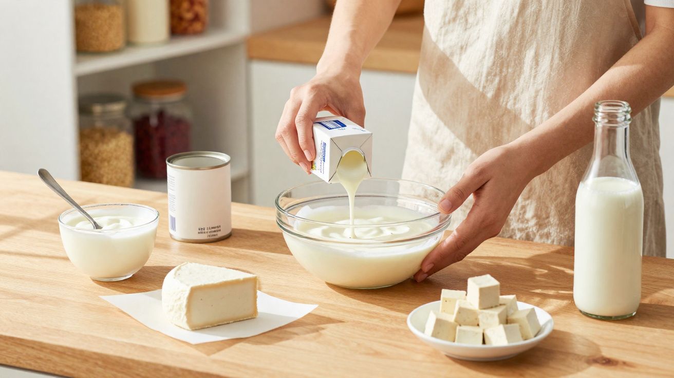 Pessoa a verter leite numa taça com produtos lácteos numa cozinha com luz natural.